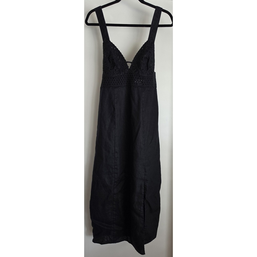 H&M Women's Maxi Dress Size M Black Linen Eyelet Sleeveless Long Summer Casual